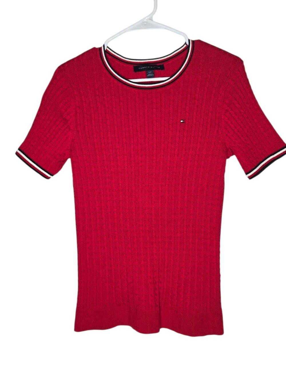 Tommy Hilfiger Red Cable Knit Short Sleeve Sweater Size Small